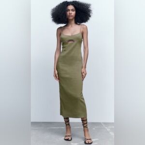Zara light Khaki cut out linen dress